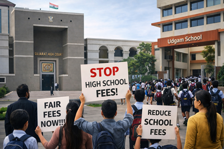 Gujarat High Court building with parents protesting school fees and students walking into a private school campus in Ahmedabad