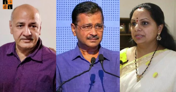 Arvind Kejriwal, Manish Sisodia and K. Kavitha outside Rouse Avenue Court after being discharged in the CBI excise policy case