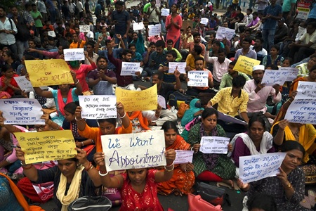 Art teacher candidates protesting in Gandhinagar against government recruitment delays