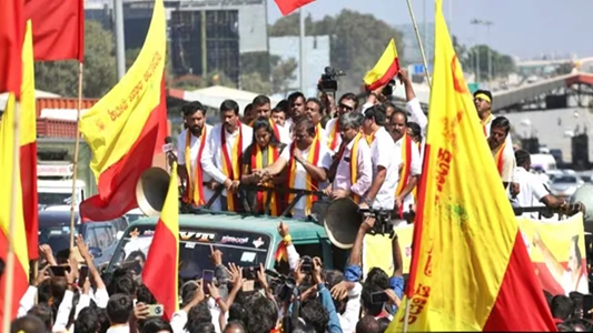 Narayana Gowda addressing Kannada activists during protest against Hindi imposition in Karnataka