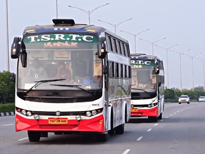 Telangana RTC buses and employees following government announcement of DA hike for transport staff