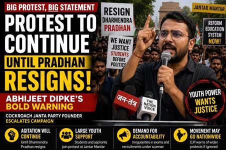 Abhijeet Dipke addressing supporters during a protest demanding Dharmendra Pradhan's resignation