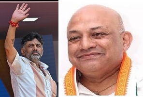 DK Shivakumar paying tribute following the death of Congress leader Suraj Hegde