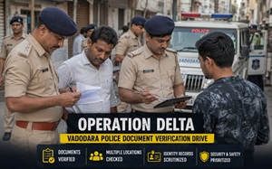 Police personnel conduct document verification checks during Operation Delta in Vadodara as part of an ongoing security and identification review campaign.