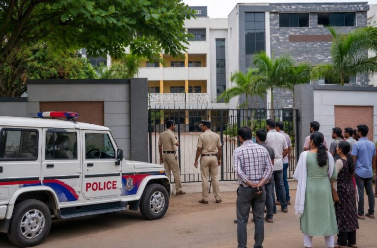 Police investigation outside a Bengaluru residential school after Class 6 student death case