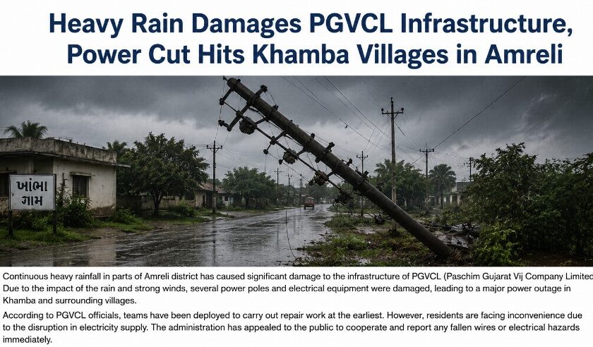 Fallen electricity poles and PGVCL repair work after heavy rain in Amreli Khambha villages
