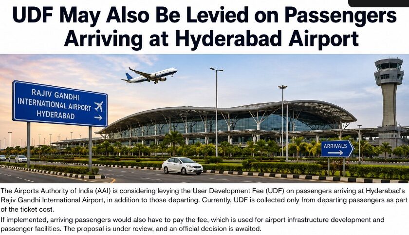 Passengers arriving at Hyderabad Rajiv Gandhi International Airport as UDF arrival fee proposal is reviewed
